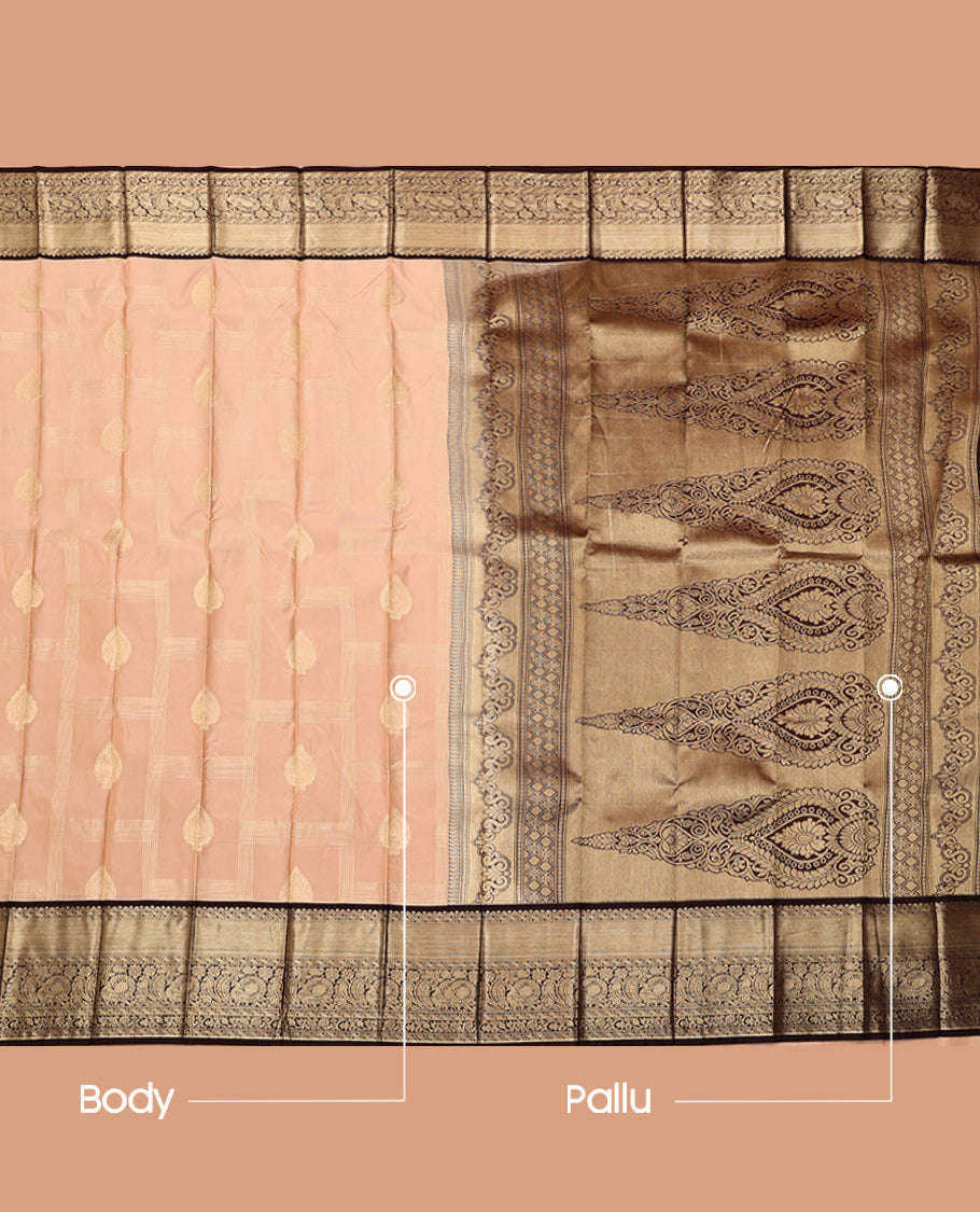 Peach Budget Silk Saree, Sparsely Threaded with Zari Buttas, Complemented by a Contrast Traditional Zari Border, Grand Pallu, and a Contrast Blouse