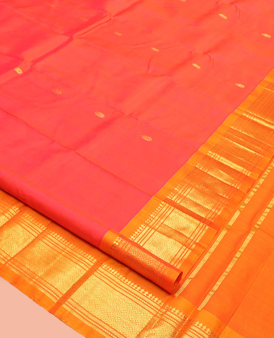 Red Kanchipuram Silk Saree, Graced with Zari Buttas, a Contrast One-Sided Border of Panner Sombu, Muthu, Banaras, and Jaal Design, Zari Design Pallu, and No Blouse
