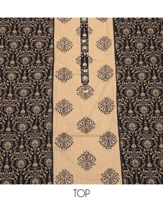 Sandal Material Churidar Set, Detailed with Unique Motif Print and Neck Work Cotton Top, Printed Bottom, and Sandal-Black Printed Chiffon Dupatta