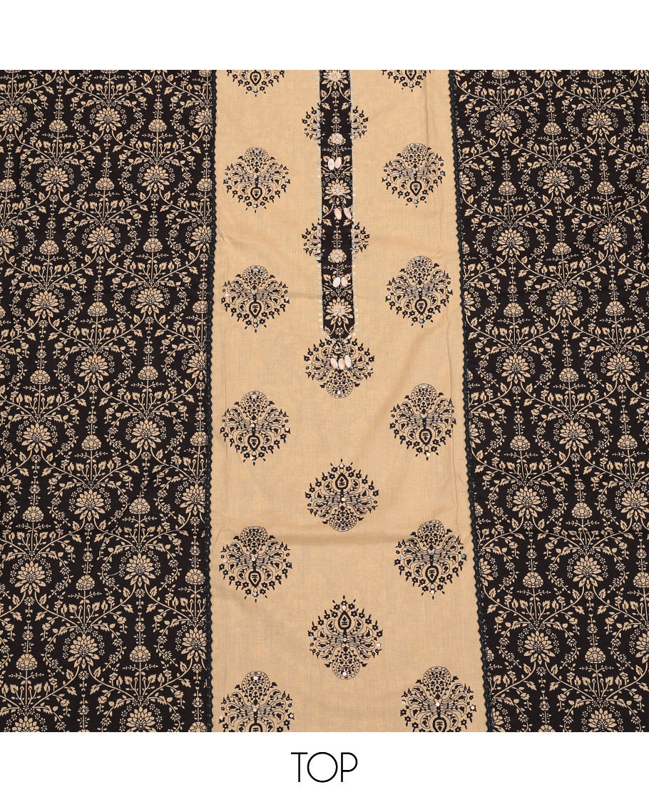 Sandal Material Churidar Set, Detailed with Unique Motif Print and Neck Work Cotton Top, Printed Bottom, and Sandal-Black Printed Chiffon Dupatta