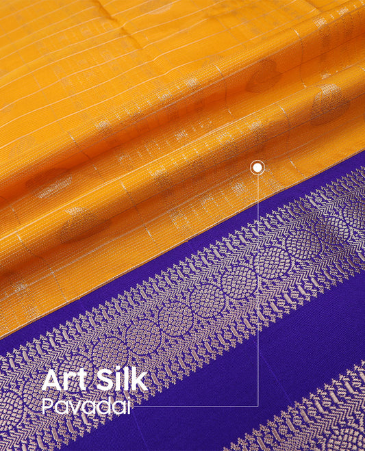Orange art silk pavadai material set, zari design pavadai with contrast blouse & traditional zari rettai pettu border