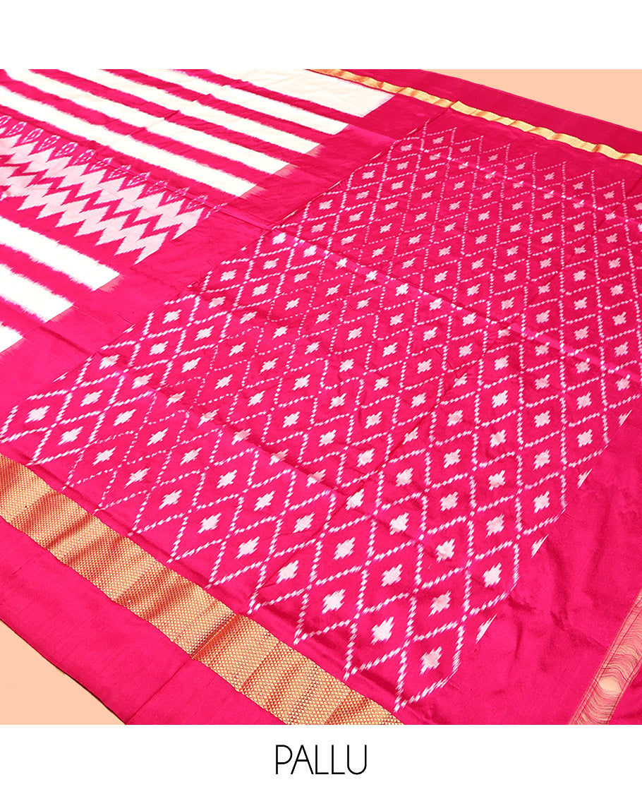 Pink-White Pochampally Ikat Saree, Mesmerized with Geometric Ikat Designs, a Contrast Zari Border, Ikat-Style Jaal Pallu, and a Contrast Blouse