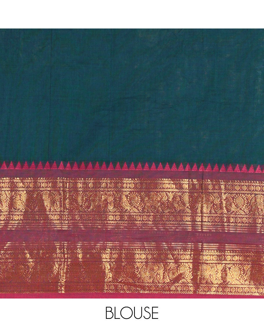 Peacock-rani pink sungudi cotton half-saree, plain with contrast traditional zari varisai pettu bordered skirt, a matching blouse, and a zari bordered dhavani