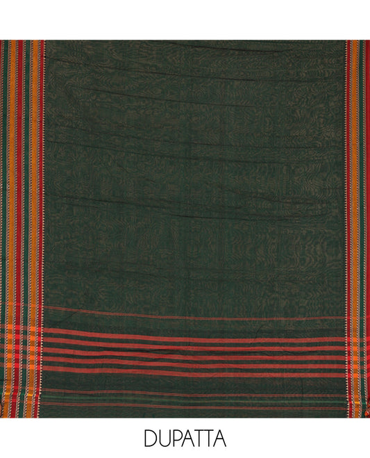 Green Mercerised Cotton Material Churidar Set, Featuring Plain and Traditional Motifs Woven Top, Comes with a Plain Mercerised Cotton Bottom, and Is Paired with a Mercerised Cotton Traditional Motifs Woven Dupatta