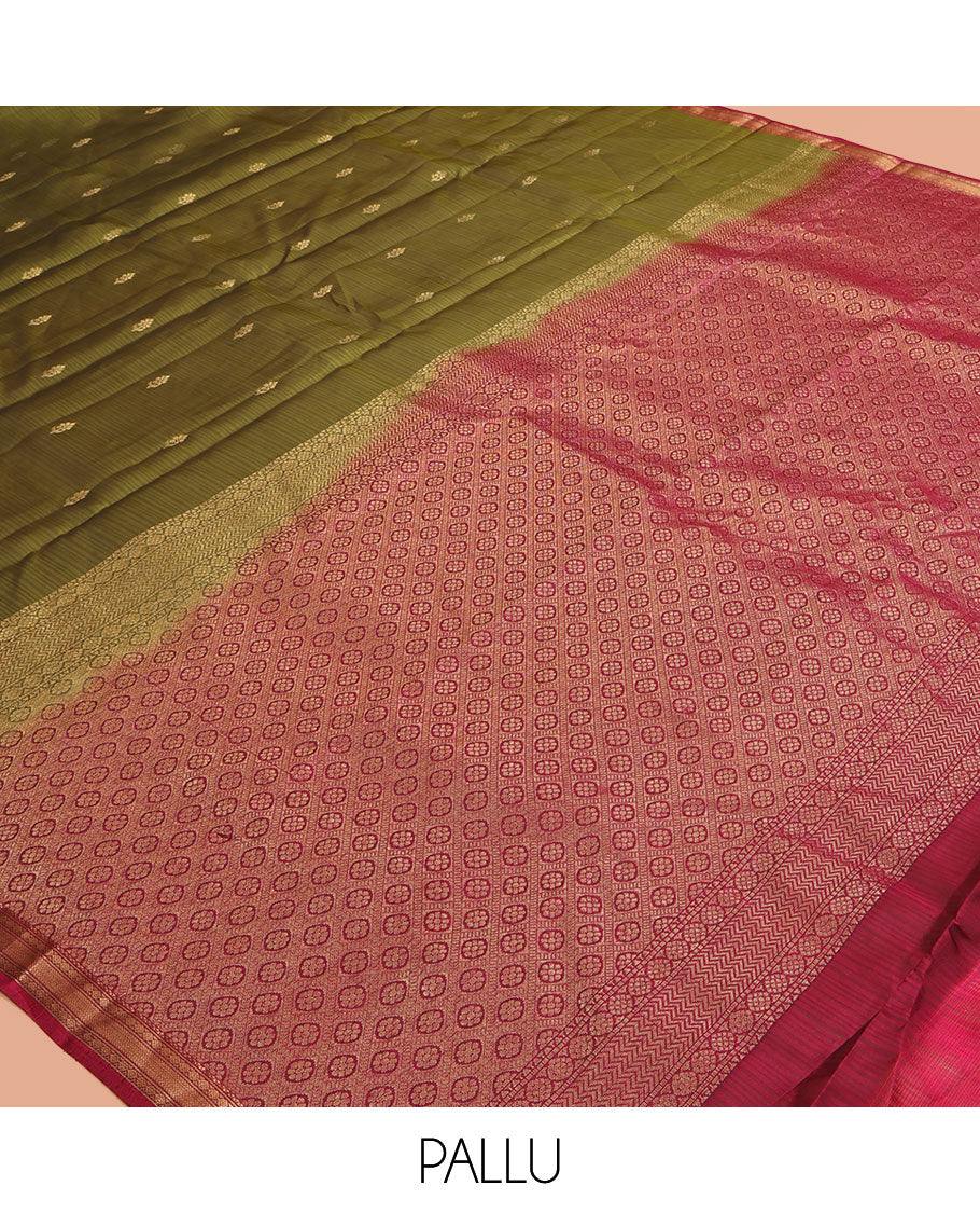Green Zari Buttas Vasundhara Lite Silk Mix Saree, a Contrast Kamalam-Vanki Border, Jaal Pallu, Contrast Blouse
