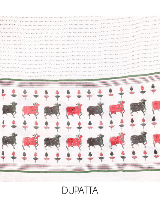 Black Material Chudidar Set, Artfully Woven with Pichwai Cow Motifs Embroidered Cotton Top, Complemented by a Contrast Plain Cotton Bottom, Paired with Pichwai Printed Dupatta