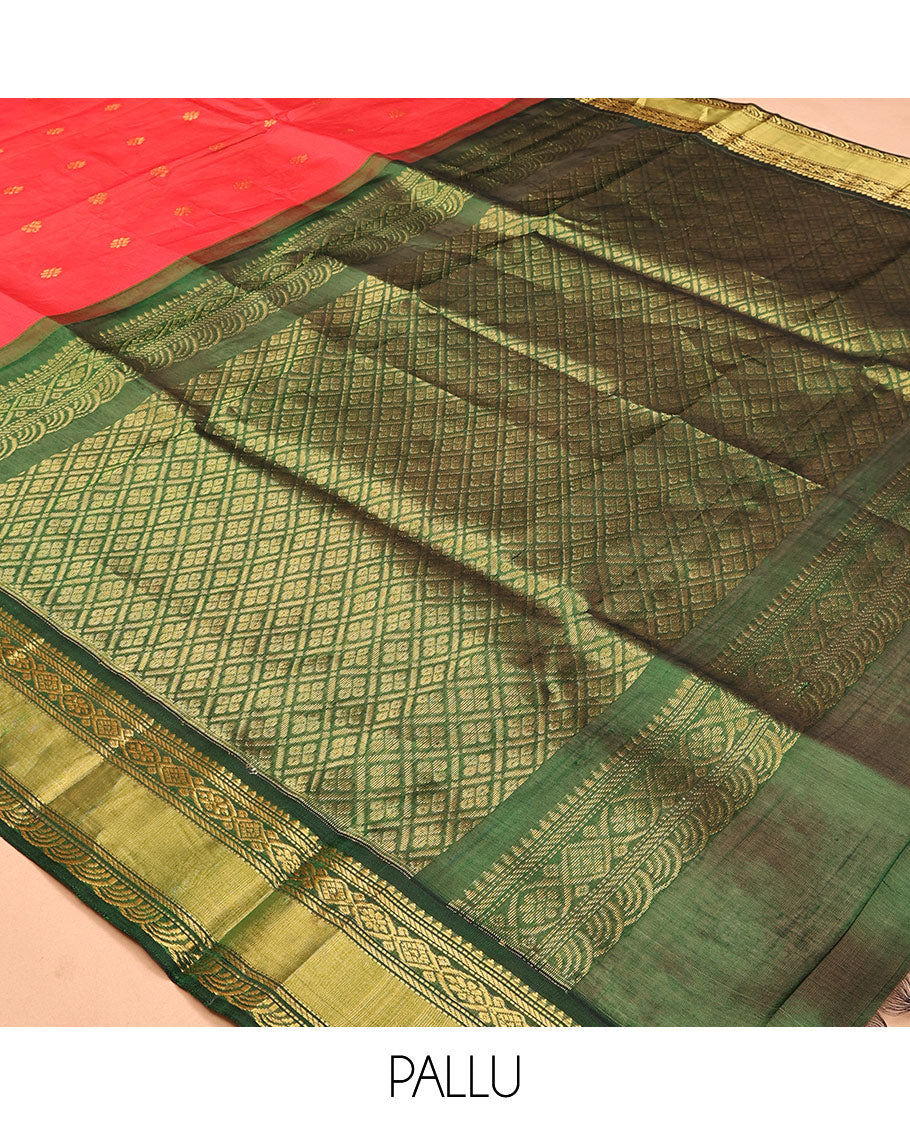 Red Zari Buttas Kuppadam Silk Saree, a Contrast Traditional Zari Border, Grand Jaal Pallu, a Contrast Blouse