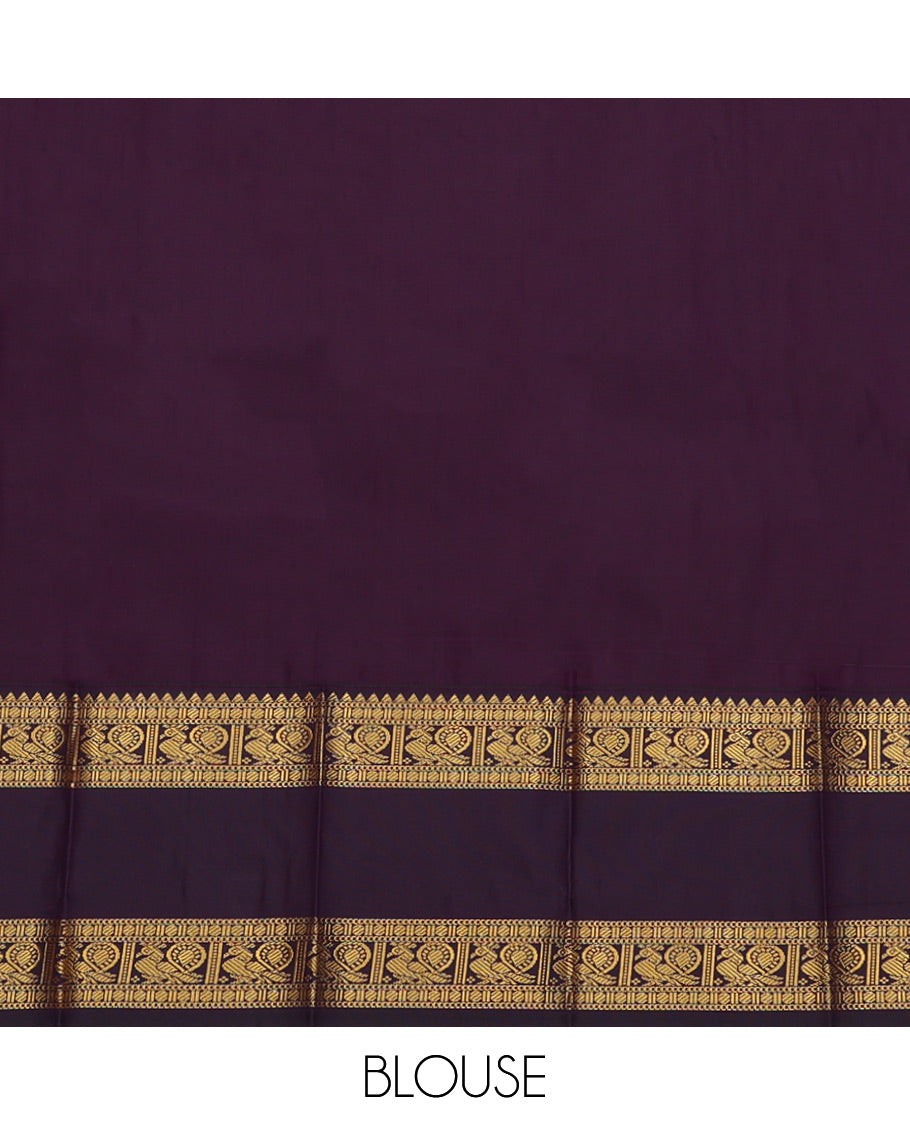 Orange Budget Silk Saree, Woven with Peacock-Chakram Buttas, Complemented by a Contrast Traditional Zari Rettai Pettu Border, Grand Pallu, and Contrast Blouse