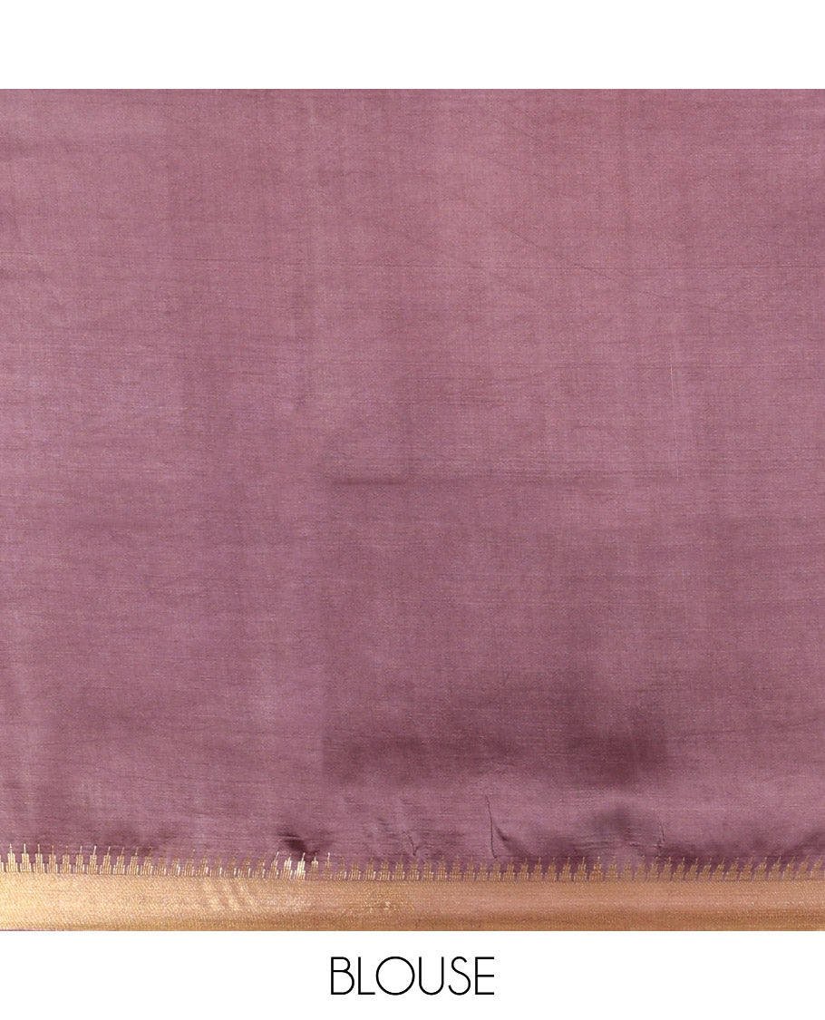 Brown Plain Banana Pith Saree, a Zari Temple Border, Striped Pallu, and Matching Blouse