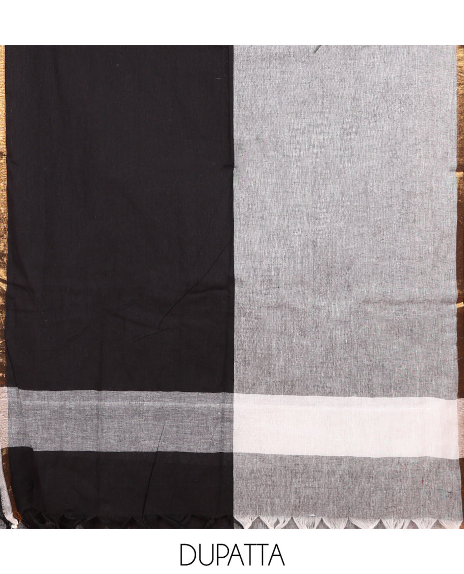 White-Black Handloom Cotton Material Chudidar Set Featuring Butta Enclosed Checked Top, Heathered Bottom, and Dual-Color Dupatta