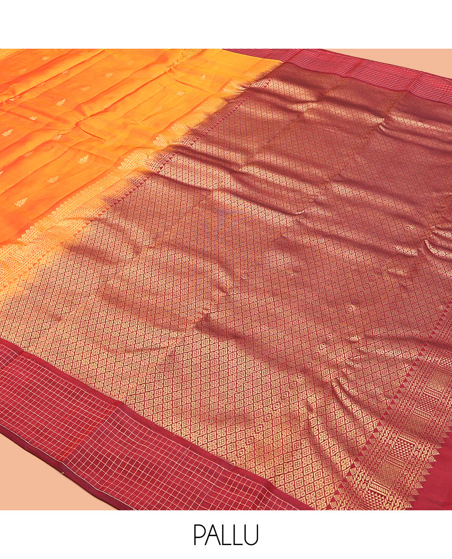 Orange Vasundhara Lite Silk Mix Saree, Enriched with Zari Buttas, Complemented by a Contrast Checked Border, Grand Jaal Pallu, and a Contrast Blouse