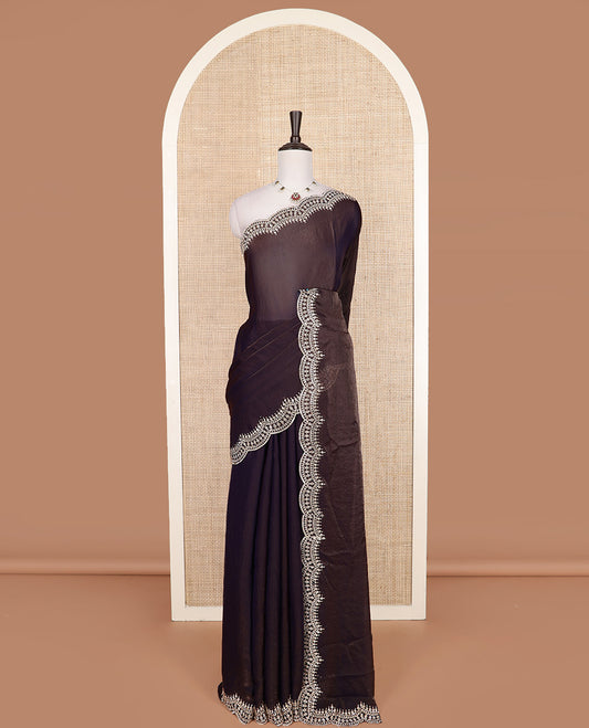 Brown plain designer saree, scallop intricately micro stone work border