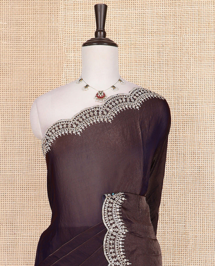 Brown plain designer saree, scallop intricately micro stone work border