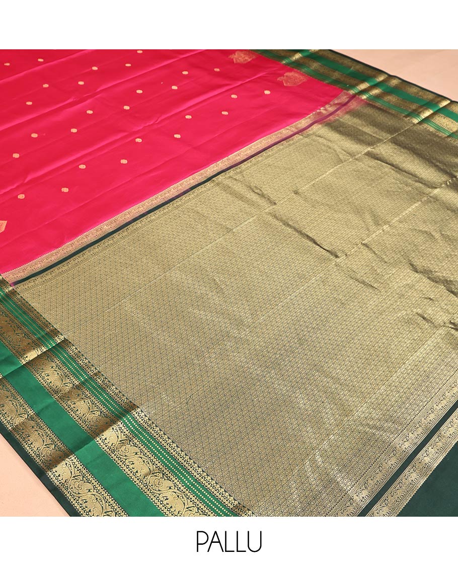 Red Vasundhara Silk Saree, Enriched with Zari Buttas, Contrast Border of Salngai, Muthu, Salngai, and Kofi Yaanai and Mayil Designs, Jaal Pallu, and Contrast Blouse