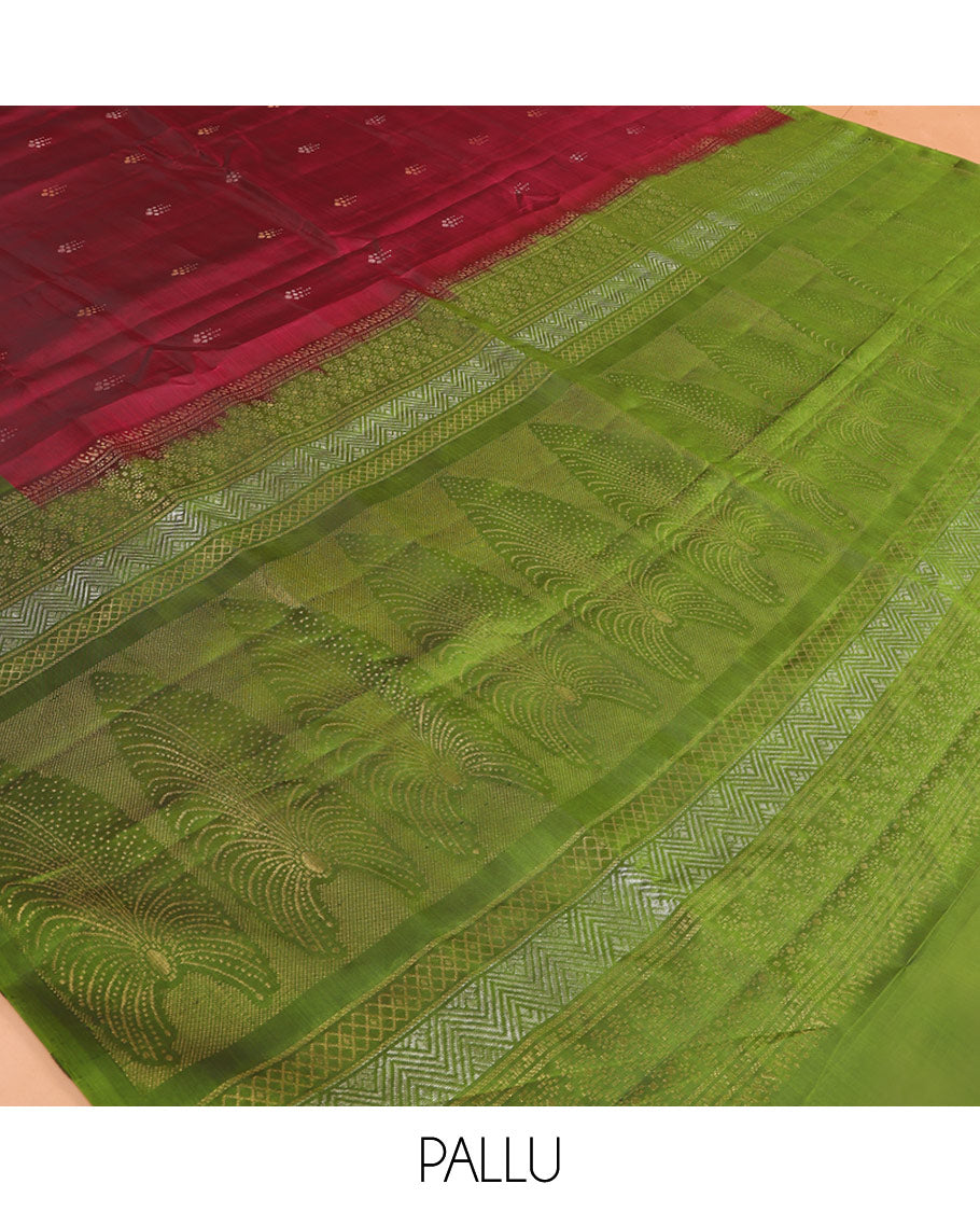 Wine Mayuri Lite Silk Mix Saree, Woven with Zari Buttas, Complemented by a Contrast Border, a Grand Pallu, and a Contrast Blouse