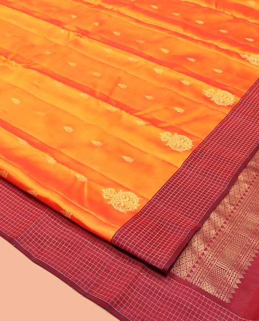 Orange Vasundhara Lite Silk Mix Saree, Enriched with Zari Buttas, Complemented by a Contrast Checked Border, Grand Jaal Pallu, and a Contrast Blouse