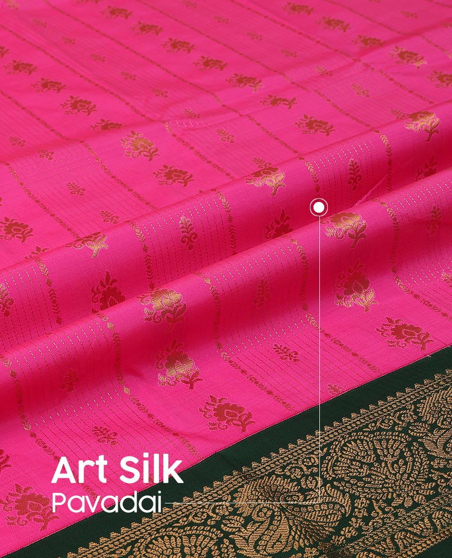 Rani Pink Art Silk Pavadai Material Set, Enriched with Zari Designs Skirt, Complemented by a Contrast Traditional Zari Design Border, and Paired with a Contrast Blouse