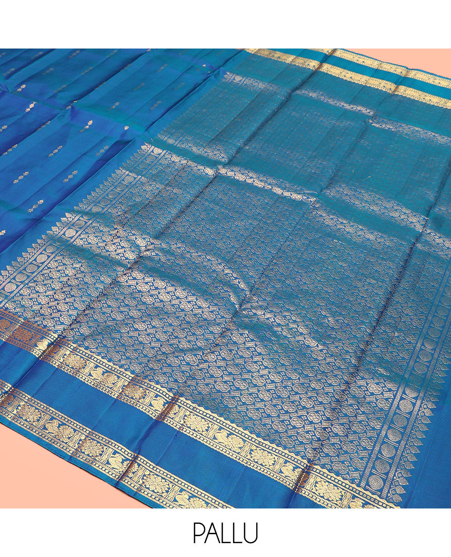 Blue Kanchipuram Silk Saree, Majestically Detailed with Zari Buttas, Highlighted by Zari Traditional Rettai Pettu Border, Grand Pallu, and Matching Blouse