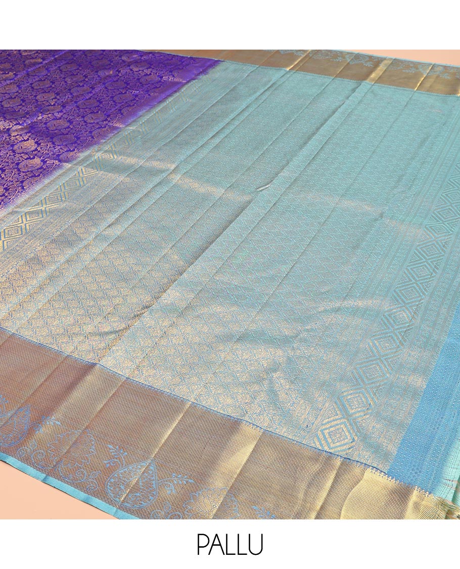Blue Kanchipuram Wedding Silk Saree, Elegantly Framed with Jacquard Design, a Contrast Border of Traditional Designs, Grand Pallu, and a Contrast Blouse