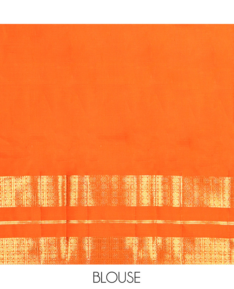 Orange Kanchipuram Silk Saree, Enthralled with Zari Buttas All Over Its Body, Highlighted by a Zari Varisai Border of Rudraksham Enclosed Muthu Kattam Designs, Pallu of Zari Designs, and Paired with a Matching Blouse