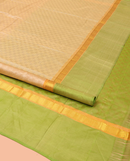 Sandal Kanchipuram Silk Saree Featuring Payadi Kattam All Over Its Body, Complemented by Contrasting Kal Earangina Border of Rekku, and Banaras Designs, Pallu of Payadi Kattam, and Paired with a Contrast Blouse