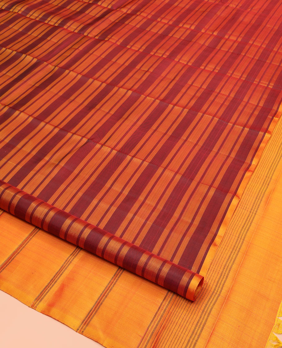 Borderless Red and Yellow Kanchipuram Silk Saree, Delicately Woven with Stripes All Over Its Body, Captivating Contrast Pallu of Stripes, and Paired with a Contrast Blouse
