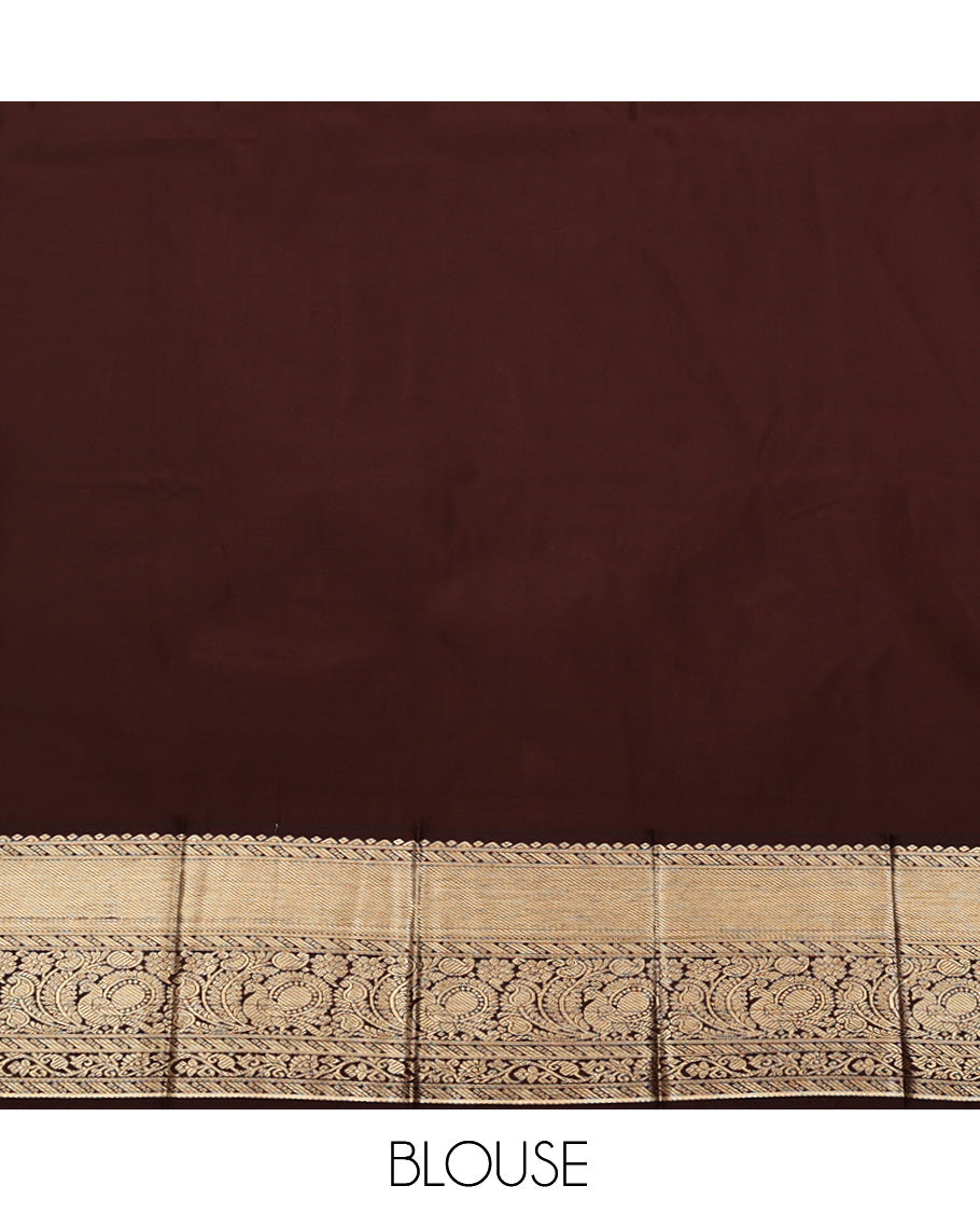 Peach Budget Silk Saree, Sparsely Threaded with Zari Buttas, Complemented by a Contrast Traditional Zari Border, Grand Pallu, and a Contrast Blouse