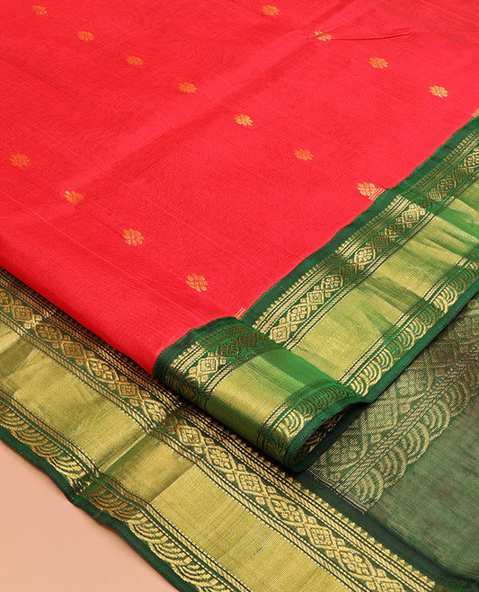 Red Zari Buttas Kuppadam Silk Saree, a Contrast Traditional Zari Border, Grand Jaal Pallu, a Contrast Blouse