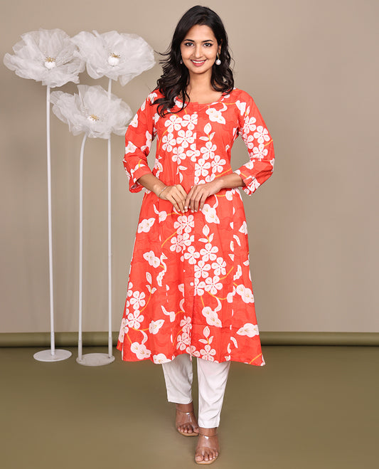 Dark Peach Floral-Printed Below-The-Knee-Length Cotton Kurti, Adorned with a Round Neckline, 3/4 Sleeves, and Straight-Cut Length
