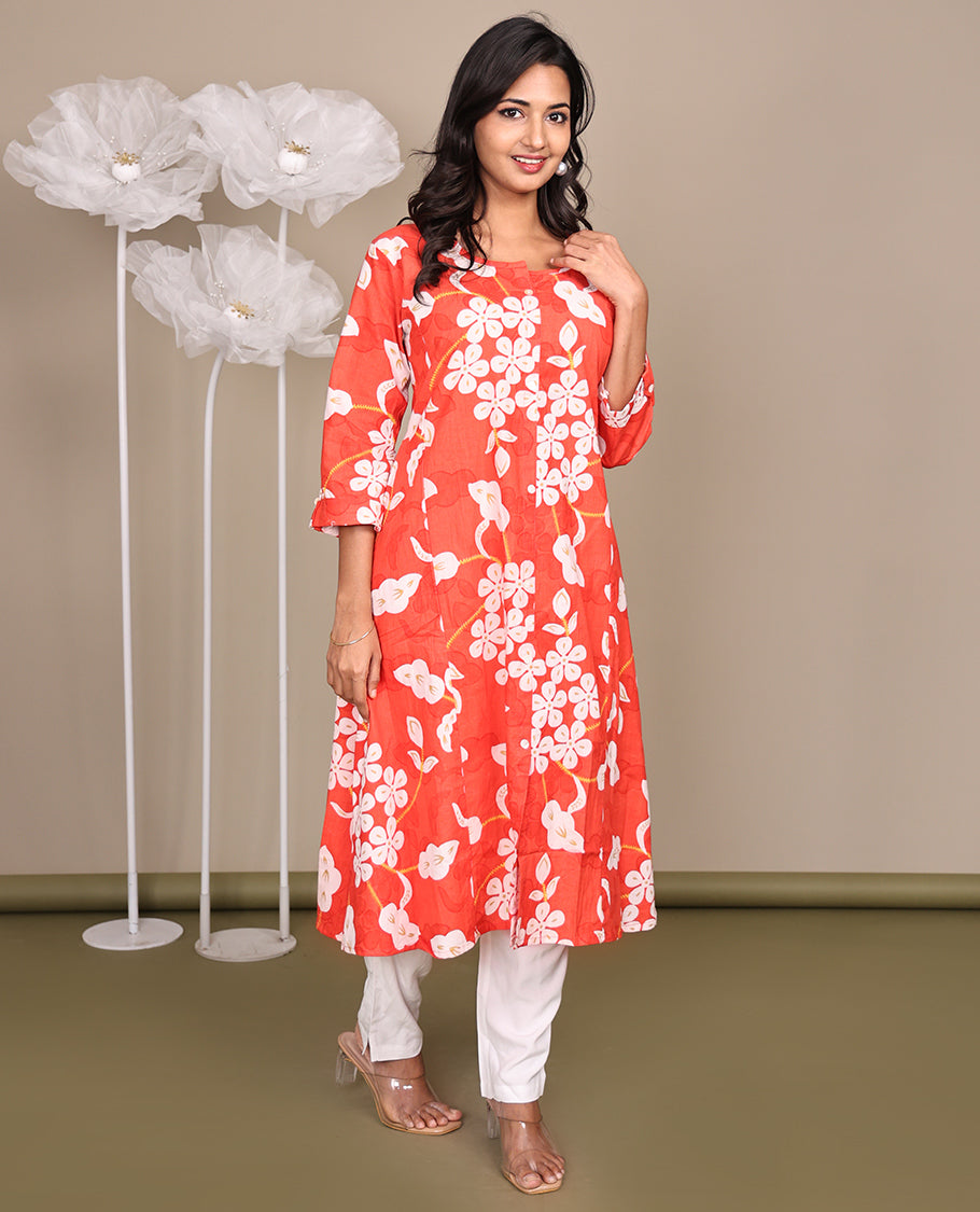 Dark Peach Floral-Printed Below-The-Knee-Length Cotton Kurti, Adorned with a Round Neckline, 3/4 Sleeves, and Straight-Cut Length