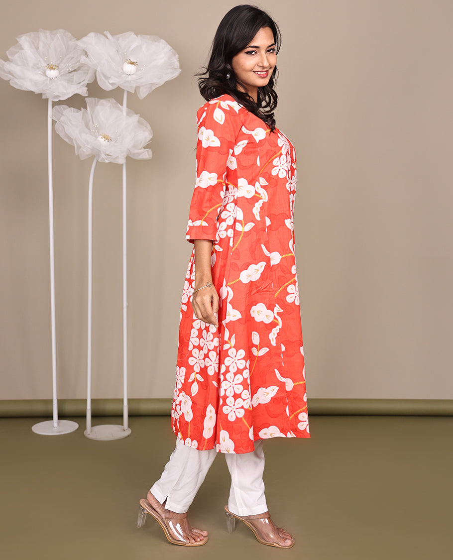 Dark Peach Floral-Printed Below-The-Knee-Length Cotton Kurti, Adorned with a Round Neckline, 3/4 Sleeves, and Straight-Cut Length