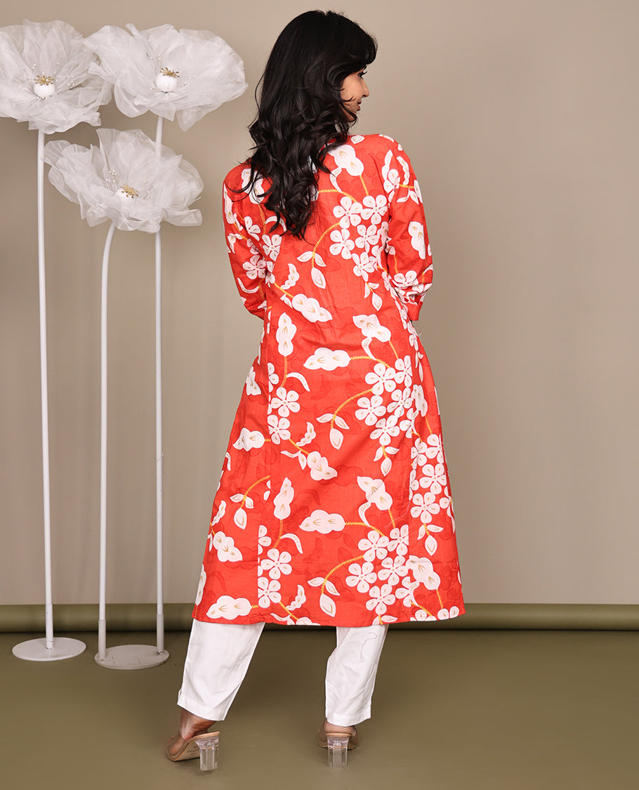 Dark Peach Floral-Printed Below-The-Knee-Length Cotton Kurti, Adorned with a Round Neckline, 3/4 Sleeves, and Straight-Cut Length