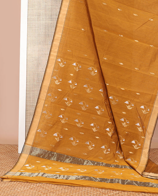 Brown floral design chanderi cotton saree with contrast zari border & striped, floral design pallu
