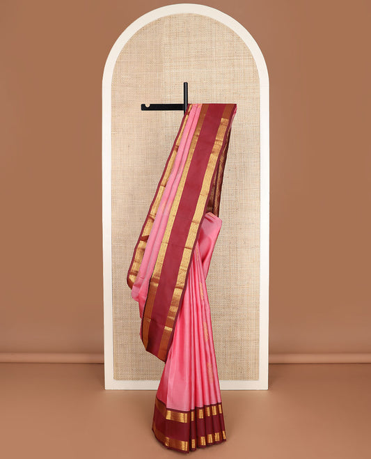 Pink round zari buttas vasundhara silk mix saree, contrast intricate pallu & rettai pettu border of rekku,muthu & chakram