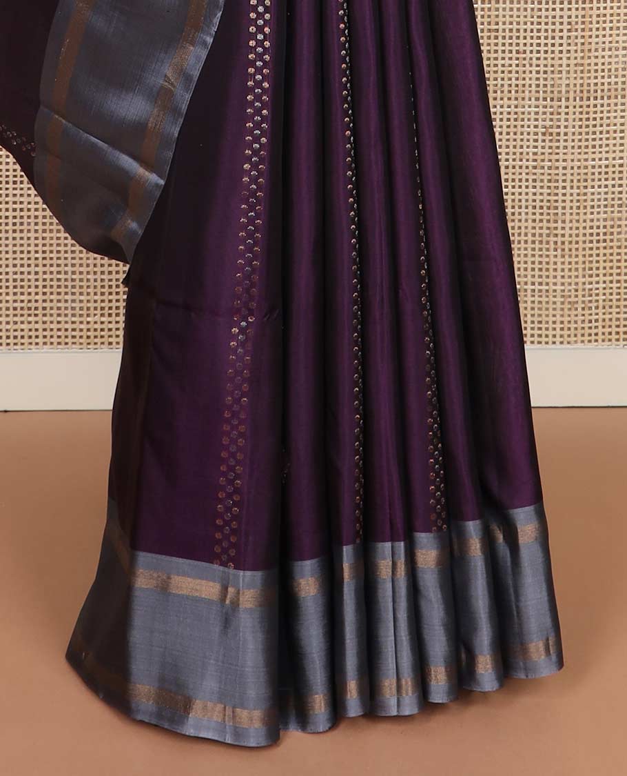 Purple zari buttas silk mix saree, contrast rettai pettu zari striped border & pallu of jaal designs
