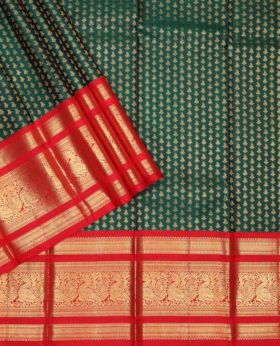 Green puresilk halfsaree, zari buttas skirt, contrast rettai pettu border, blouse of thilakam mokku, kathir, muthu, and mayil design, and zari woven pallu