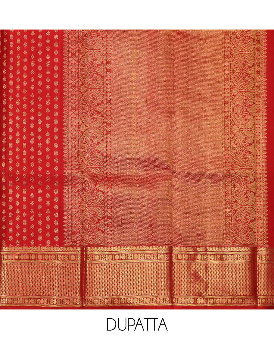 Green puresilk halfsaree, zari buttas skirt, contrast rettai pettu border, blouse of thilakam mokku, kathir, muthu, and mayil design, and zari woven pallu