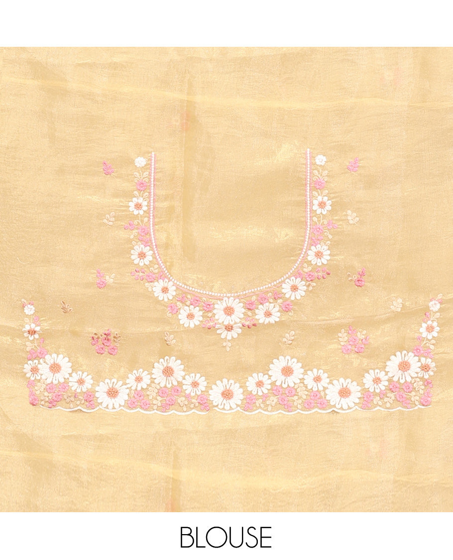 Yellow Organza Saree, Boldly Accentuated with Flower-Color Thread Embroidery, a Scallop Border, and a Matching Blouse