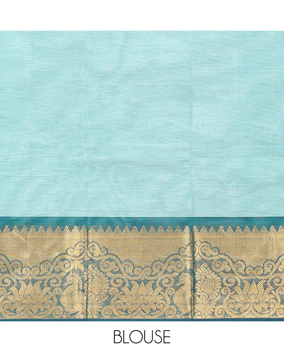 Blue Chettinad Cotton Saree, Woven with Buttas All Over Its  Body, Complemented by a Contrast Traditional Zari Design Woven Border, Pallu of Stripes, and Buttas, and Paired with a Matching Blouse
