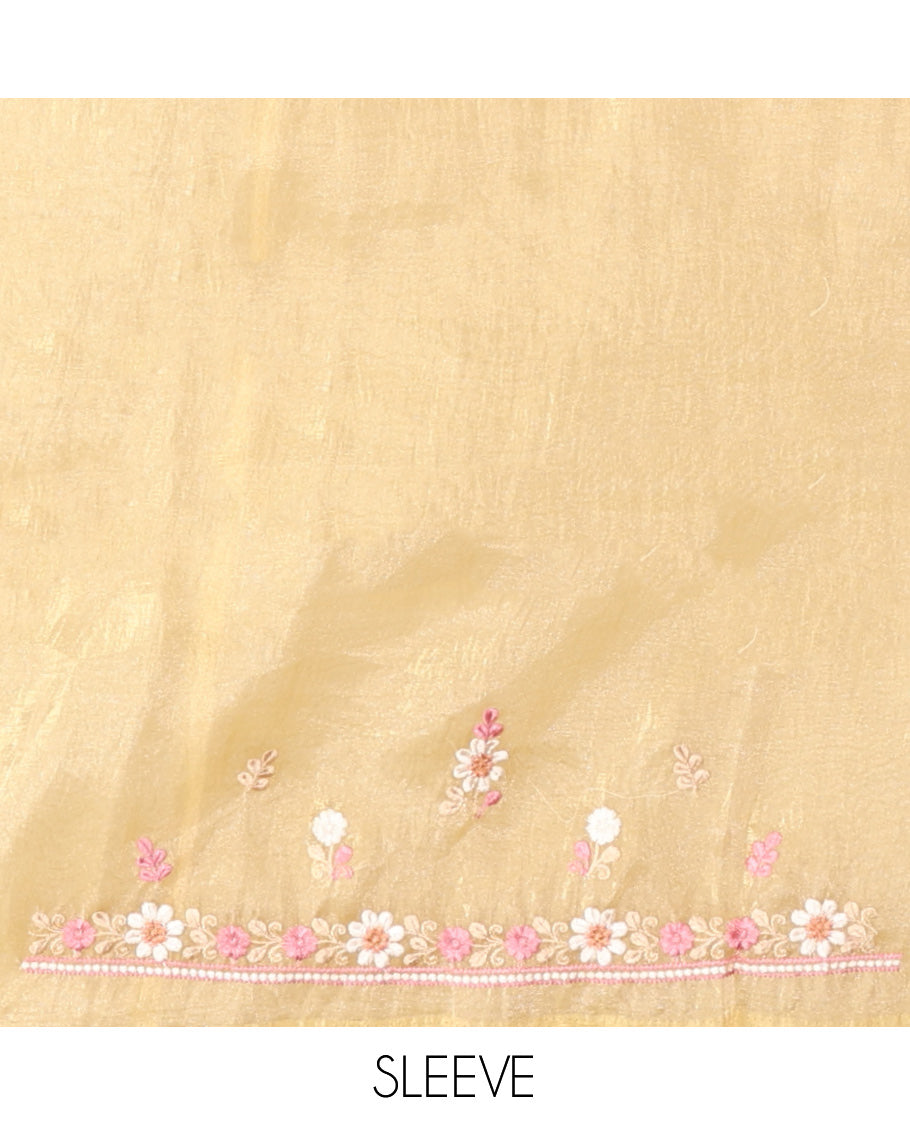 Yellow Organza Saree, Boldly Accentuated with Flower-Color Thread Embroidery, a Scallop Border, and a Matching Blouse