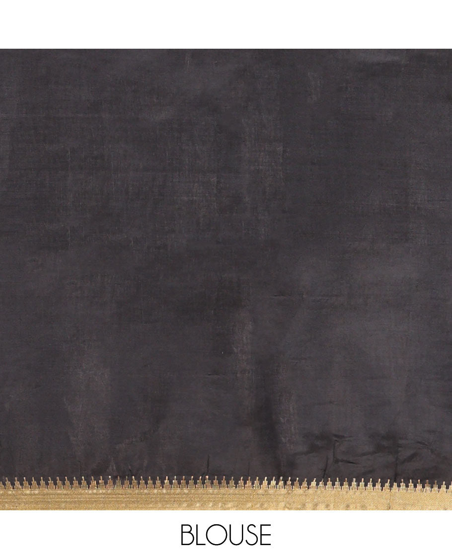 Black Banana Pith Saree, Beautified with Square Buttas All Over Its Body, Subtle Zari Temple Border, Pallu Steeped with Stripes, and Paired with a Matching Blouse