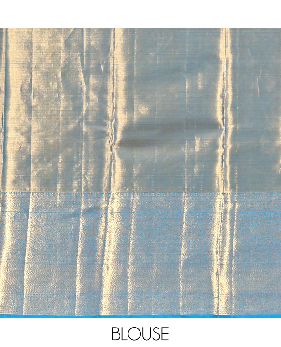 Gold Meenakari Jacquard Kanchipuram Tissue Silk Saree, a Contrast Border of Thilakam, Muthu, Cross Kamalam, and Mayil Kann Design, Grand Pallu, and a Contrast Blouse