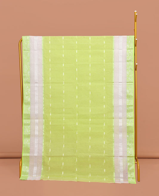 Green Bengal Cotton Saree, Gleamed up with Buttas All Over Its Body, Complemented by a Traditional Zari Design Border, Pallu of Stripes, and Paired with a Matching Blouse