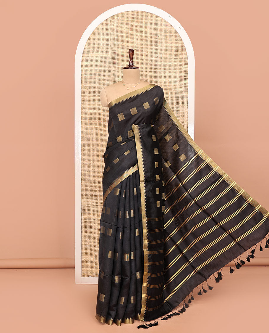 Black Banana Pith Saree, Beautified with Square Buttas All Over Its Body, Subtle Zari Temple Border, Pallu Steeped with Stripes, and Paired with a Matching Blouse