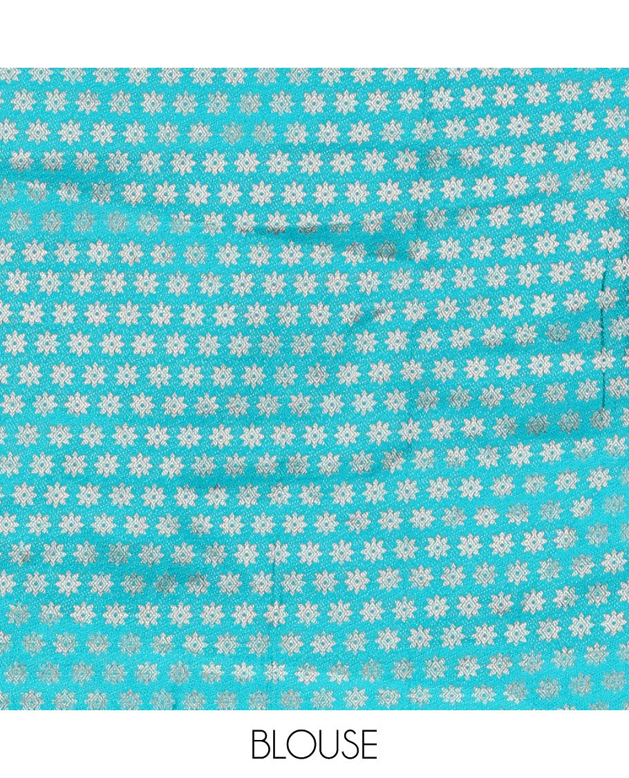 Turquoise Art Silk Half Saree, Detailed with Zari Buttas Skirt, Contrast Traditional Border, Jacquard Blouse, and a Contrast Banaras Dhavani