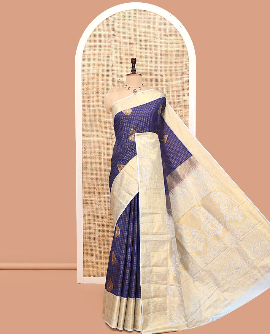 Blue Budget Silk Saree, Mesmerized with Zari Butta and Checks, Contrast Paisley Zari Border, Grand Pallu, and a Contrast Blouse