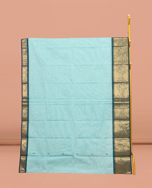 Blue Chettinad Cotton Saree, Woven with Buttas All Over Its  Body, Complemented by a Contrast Traditional Zari Design Woven Border, Pallu of Stripes, and Buttas, and Paired with a Matching Blouse