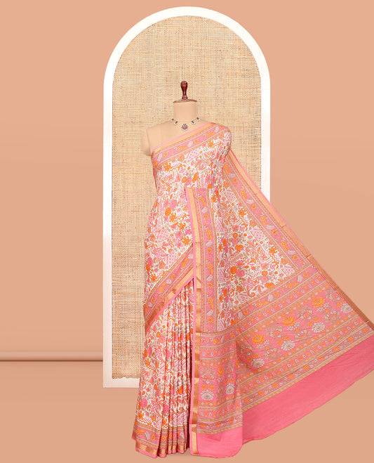 Off-White Intricately Printed Silk Saree, a Contrast Traditional Border, Floral Pallu, a Contrast Blouse
