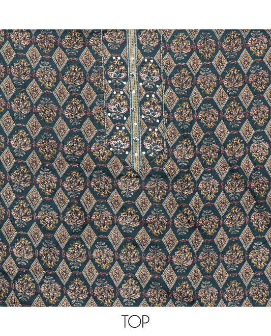 Blue Cotton Material Chudidar Set, Elevated with Intricate Motifs Print, and Embroidery on Its Cotton Top, a Geometric Printed Cotton Bottom, and Paired with Printed Cotton Dupatta