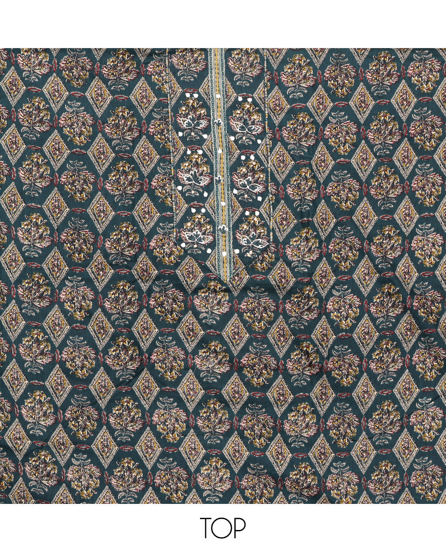 Blue Cotton Material Chudidar Set, Elevated with Intricate Motifs Print, and Embroidery on Its Cotton Top, a Geometric Printed Cotton Bottom, and Paired with Printed Cotton Dupatta